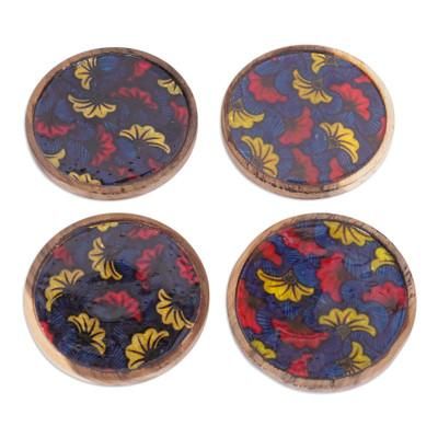 Blooming Graceful,'Set of 4 Floral Red and Blue Neem Wood and Cotton Coasters'