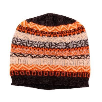 Highland Roads,'Hand Knit 100% Baby Alpaca Hat in Grey Orange Ivory & Black'