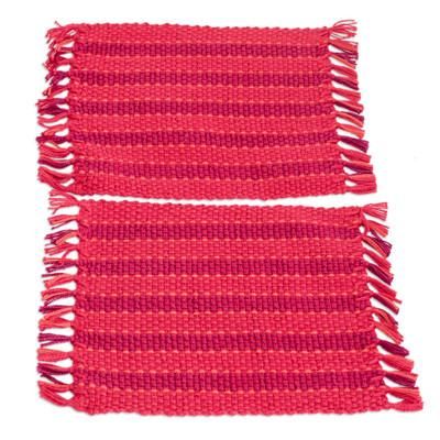 Red Fruits,'Pair of Handwoven Striped Cardinal Red Cotton Coasters'