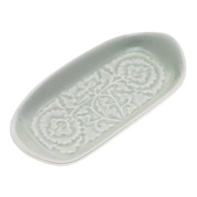 Thai Blooms,'Green Handmade Celadon Ceramic Floral and Leaf Serving Dish'