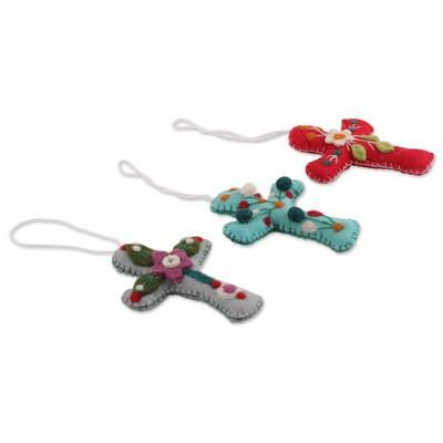 'Set of 3 Colorful Floral Cross-Shaped Wool Felt Ornaments'