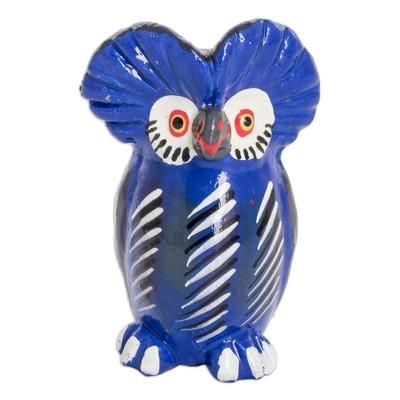 'Ceramic Owl Figurine in Blue Hand-Painted in Guatemala'