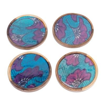 'Set of 4 Tulip-Patterned Purple and Blue Neem Wood Coasters'