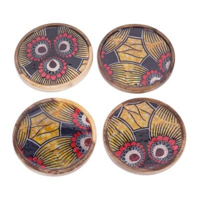 'Set of 4 Nature-Patterned Cotton and Neem Wood Coasters'