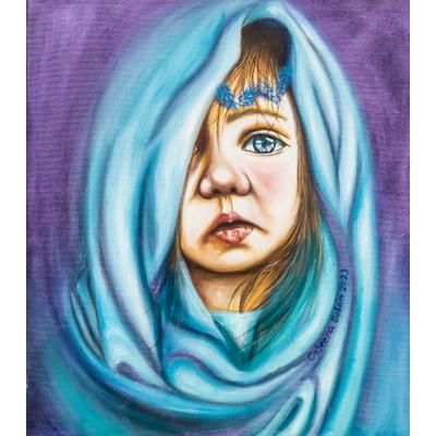 Innocence,'Oil Realist Portrait Painting of Child with Blue Headscarf'
