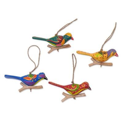 'Set of 4 Painted Colorful Bird-Themed Albesia Wood Ornaments'