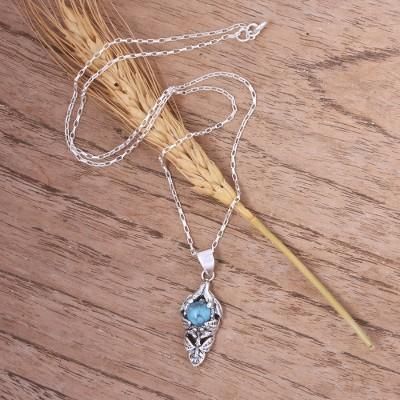 Tropical Bract,'Leafy Sterling Silver and Recon Turquoise Pendant Necklace'
