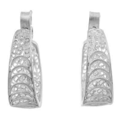 Sparkling Crescents,'950 Silver Filigree Half Hoop Earrings from Peru'
