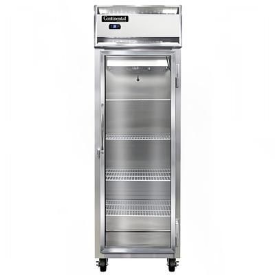 Continental 1RSNGD 26" 1 Section Reach In Refrigerator, 1 Right Hinge Glass Door, Top Compressor, 115v, Silver