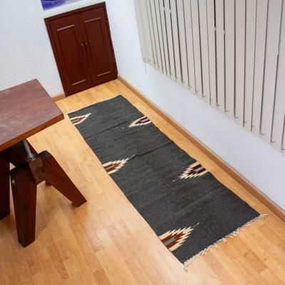 Grey Gleams,'Handwoven Geometric Dark Grey Zapotec Wool Runner (2x6)'