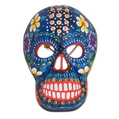 'Hand-Painted Blue Floral Wood Skull Mask from Guatemala'