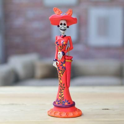 'Hand-Painted Floral Lady Catrina Ceramic Sculpture in Red'