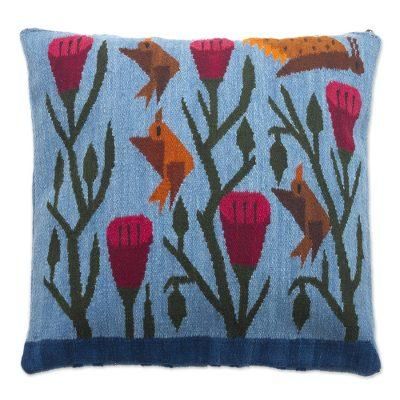 Birds and Flowers in Sky Blue,'Blue Floral Wool Cushion Cover from Peru'