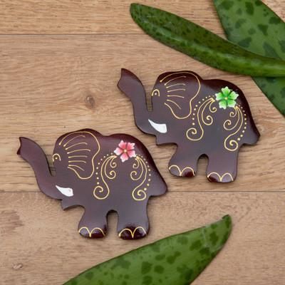 'Set of 2 Hand-Painted Floral Elephant-Shaped Wood Magnets'