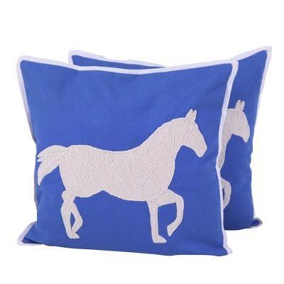 Majestic Horse,'Blue and Ivory Horse Motif Cushion Covers (Pair)'
