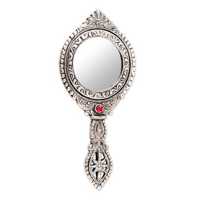 Artistic Reflection,'Artisan Crafted Indian Floral Themed Aluminum Hand Mirror'