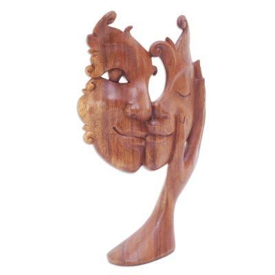 Lovely Sisterhood,'Suar Wood Brown Sculpture Hand-Carved in Bali'