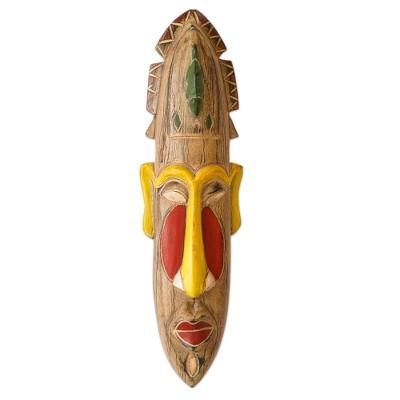 'Hand-Painted Yellow and Red African Sese Wood Mask'