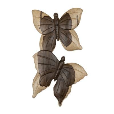'Balinese Hibiscus Wood Wall Art with Hand-Carved Butterflies'