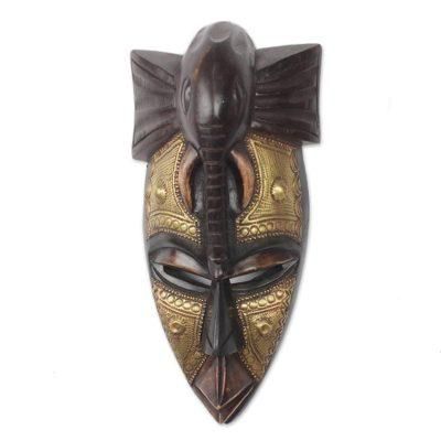 The Elephant is my Friend,'Elephant Themed Wood and Brass Repousse Mask'