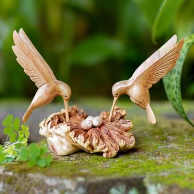 'Handmade Wood Hummingbird Sculpture with Mushroom-Like Base'