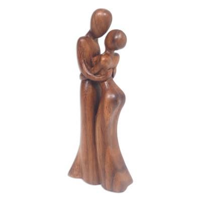 'Hand-Carved Romantic Suar Wood Sculpture of a Couple'