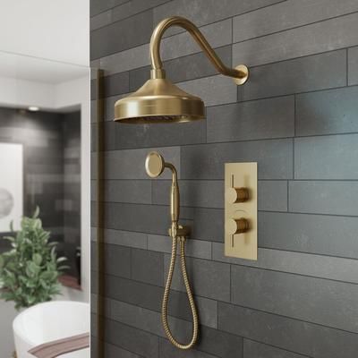 Randolph Morris Tranquil Rainfall Thermostatic Shower Set with Round Showerhead, Gooseneck Handshower, and Round Handles - Brushed Brass RMAS-2TR-RRHGN-HSR-BB