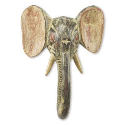 Elephant I,'African Elephant Mask Rustic Wall Decor Hand Carved in Ghana'