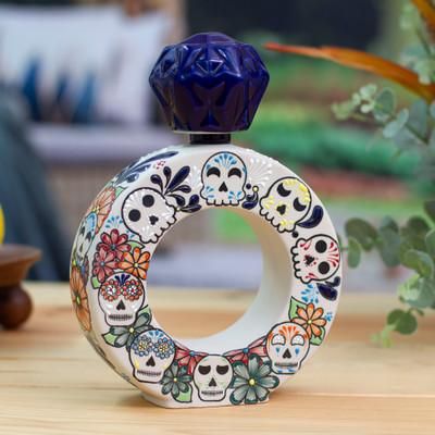 Ring of Liquid Soul,'Day of the Dead Blue and Ivory Ceramic Tequila Decanter'