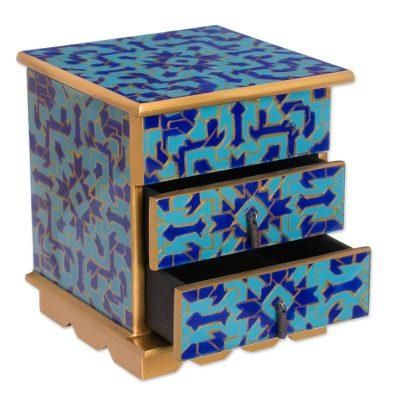 Blue Intricacy,'Reverse Painted Glass Jewelry Box in Blue from Peru'