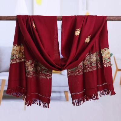 Garden of Berry,'Floral Handwoven Wool and Rayon Embroidered Berry Shawl'