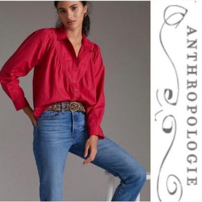 Anthropologie Tops | Anthropologie Collar Crop Long Sleeve Button Up Top Size Small | Color: Pink/Red | Size: S