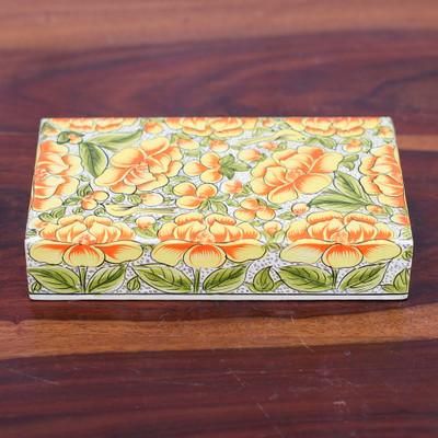Blooming Kashmir in Yellow,'Yellow Papier Mache on Wood Floral Leaf Bird Decorative Box'