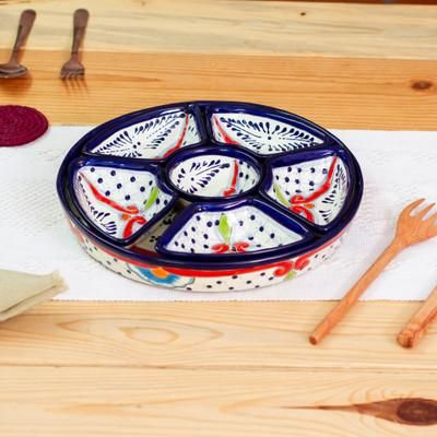 Marvelous Flowers,'Talavera Blue and Red Ceramic Appetizer Bowl Set (7 Pieces)'