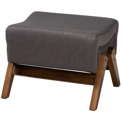 Hanson Mid-Century Modern Dark Grey Fabric And Walnut Brown Finished Wood Ottoman by Baxton Studio in Dark Grey