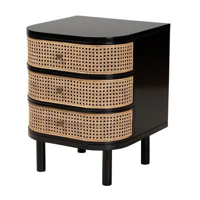 Nabila Modern Bohemian Black Bayur Wood And Natural Rattan 3-Drawer End Table Nightstand by Baxton Studio in Black