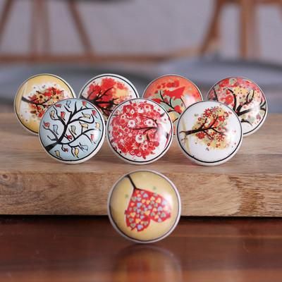 Crimson Aura,'Set of 8 Nature-Inspired Hand-Painted Ceramic Knobs'
