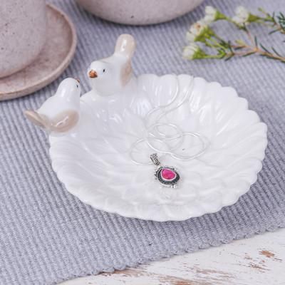 Bird's Peace,'Handcrafted Bird-Themed Floral White Ceramic Catchall'
