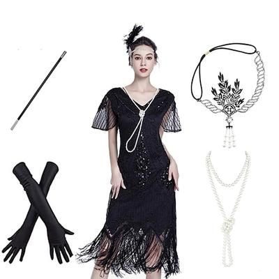 Anni Ruggenti Anni 1920 Lunghezza al ginocchio Vestito Abito Flapper Abiti Maniche corte Il grande Gatsby Invitato al matrimonio Paillettes Frangia con nappe Paillettes Nappa Scollo a V Costume Per