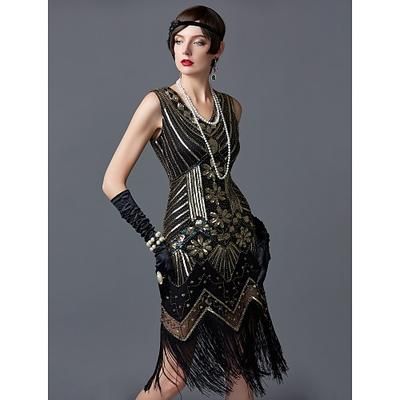 Anni Ruggenti Anni 1920 Lunghezza al ginocchio Vestito Abito Flapper Abito da Ballo Senza maniche Il grande Gatsby Charleston Invitato al matrimonio Frangia con nappe Scollo a V Costume Per donna