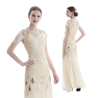 Anni Ruggenti Anni 1920 Maxi Lunghezza alla caviglia Vestito Abito da sera Abito da Ballo Normale Maniche corte Il grande Gatsby Charleston Invitato al matrimonio Paillettes Geometrico Sirena Tromba