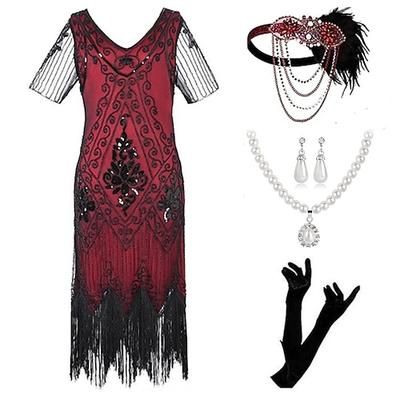 Anni Ruggenti Anni 1920 Lunghezza al ginocchio Abito Flapper Abiti Set di accessori Maniche corte Il grande Gatsby Invitato al matrimonio Paillettes Frangia con nappe Paillettes Nappa Scollo a V