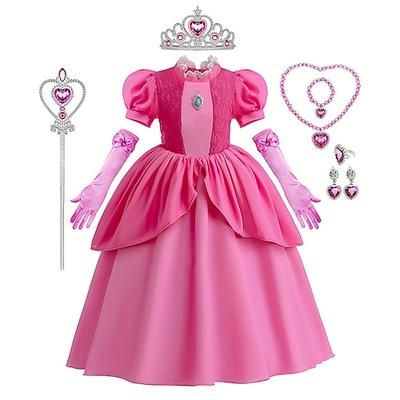 principessa pesca Vestito Guanti Corona Abito a Fantasia Costume Cosplay for Ragazze Bambini Giornata universale dell'infanzia Mascherata Settimana del libro