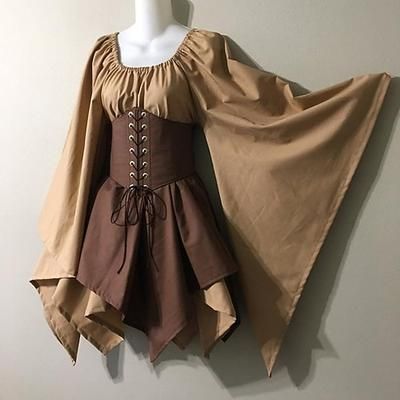Medievale Abito da cocktail Abito vintage Corto Mini Vestito Principessa Vichingo Ranger Elfico Tiro con l'arco Collo a U Costume Per donna Celtico Costumi da pirata Fantasia Festa / Cocktail Festival