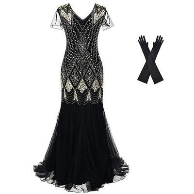 Anni Ruggenti Anni 1920 Lunghezza al pavimento Abito da sera Abiti Set di accessori Maniche corte Il grande Gatsby Invitato al matrimonio Paillettes Paillettes Scollo a V Costume Per donna Carnevale