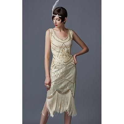 Anni Ruggenti Anni 1920 Lunghezza al ginocchio Vestito Abito Flapper Abiti da Ballo Senza maniche Il grande Gatsby Charleston Invitato al matrimonio Paillettes Patchwork Scollo a V Costume Per donna