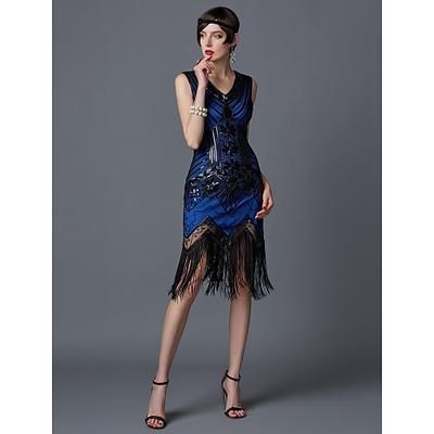Anni Ruggenti Anni 1920 Lunghezza al ginocchio Vestito Abito Flapper Costumi di Halloween Senza maniche Il grande Gatsby Charleston Invitato al matrimonio Paillettes Pizzo Patchwork Scollo a V Costume