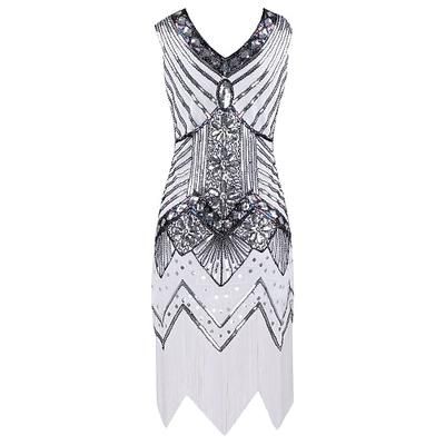 Anni Ruggenti Anni 1920 Lunghezza al ginocchio Vestito Abito Flapper Costumi di Halloween Senza maniche Il grande Gatsby Charleston Invitato al matrimonio Paillettes Pizzo Patchwork Scollo a V Costume