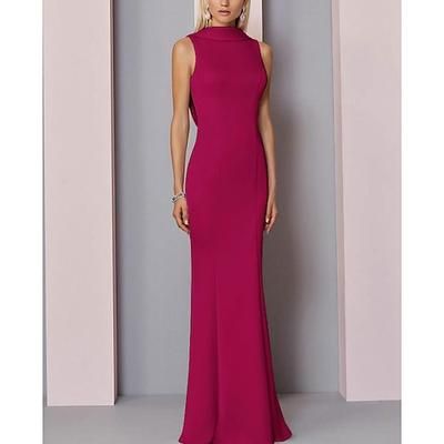 Abito da Sera Sheath per Matrimonio Sulla Spiaggia Elegante Ospite di Matrimonio Fidanzamento Lungo Fino al Pavimento Senza Maniche Collo Alto Satinato Retro a V con Pieghe