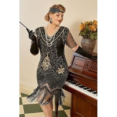 Anni Ruggenti Anni 1920 Lunghezza al ginocchio Vestito Abito Flapper Abito per Festa di Natale Maniche corte Il grande Gatsby Invitato al matrimonio Paillettes Scollo a V Costume Per donna Carnevale